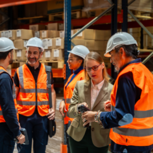 Een team magazijnmedewerkers in een magazijn krijgt uitleg van een consultant over het gebruik van de digitale scanoplossing