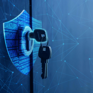 Symbolische weergave van databeveiliging en autorisatiebeheer met fysieke sleutels en een digitaal schild voor veilige software-toegang.